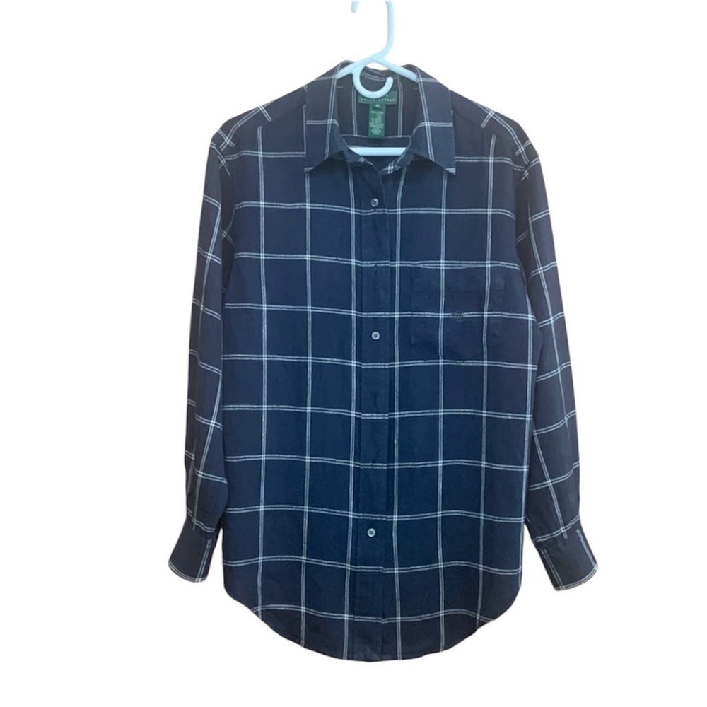 Womens Ralph Lauren Navy And White Plaid Linen Button Up Tunic Sh…